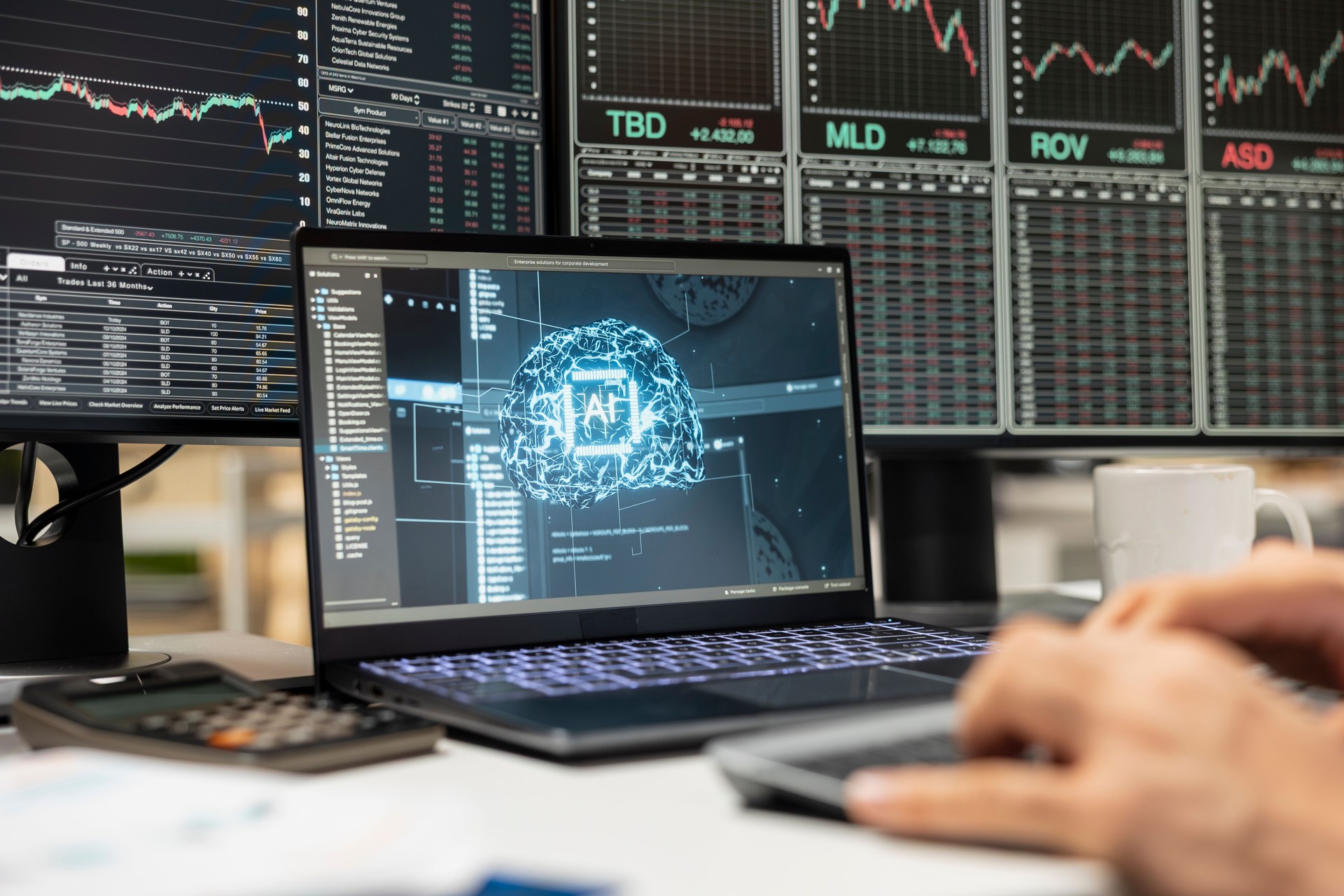 Close up of day trader using AI tech on laptop capitalize on market fluctuations